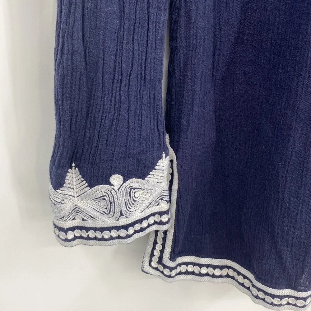 Tory Burch Tunic Blouse Top Womens Size 8 Blue White‎ Lace Long Sleeves V Neck